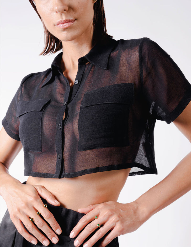 MAGNET CROPPED BLACK TRANSPARENT SHIRT - DE LA ROSA TULUM