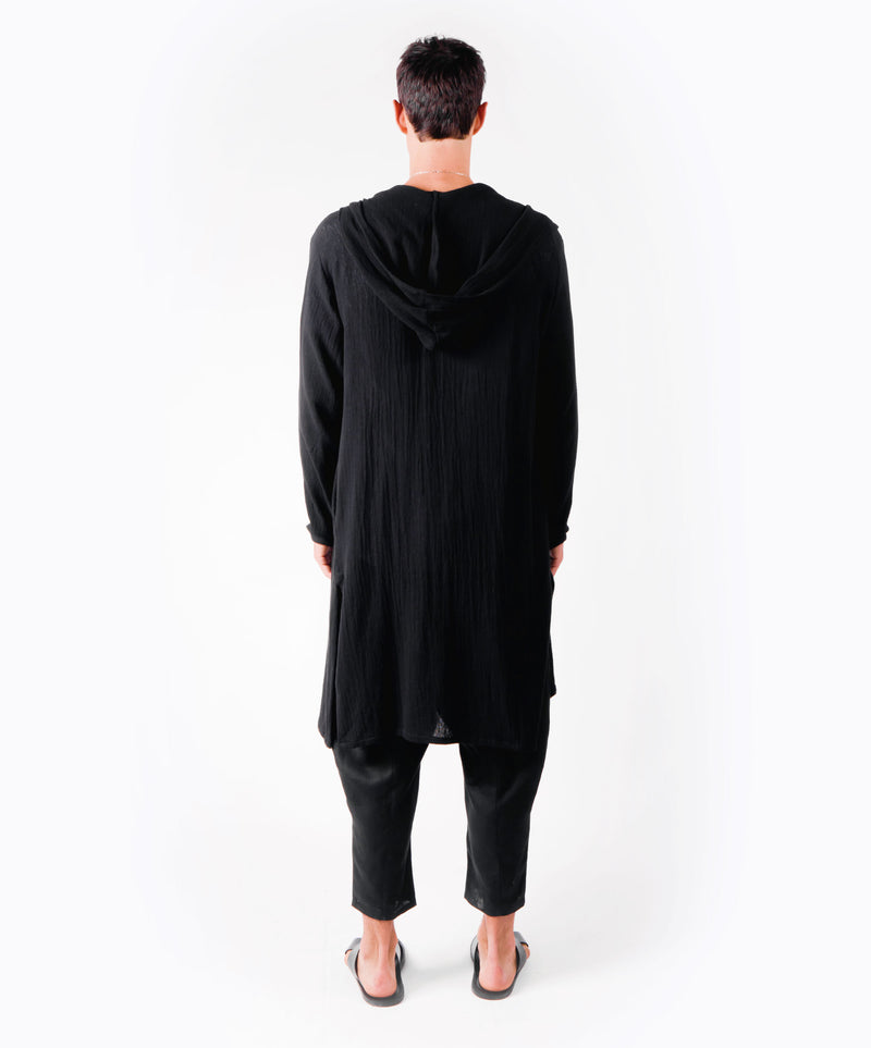 WANDER LONG HOODIE BLACK COAT - DE LA ROSA TULUM